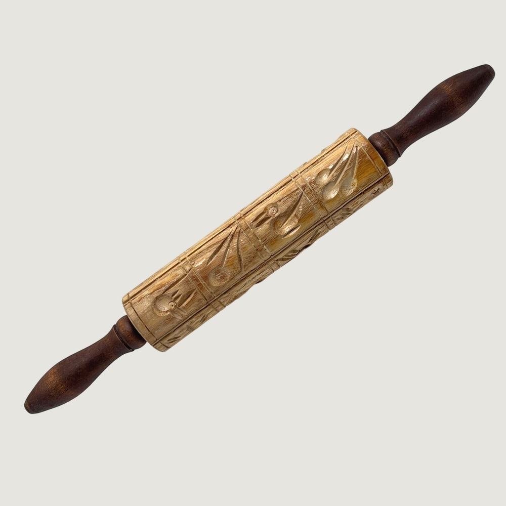 Vintage Hand Carved Wooden Springerle Rolling Pin Folk Art Cookie Mold Press